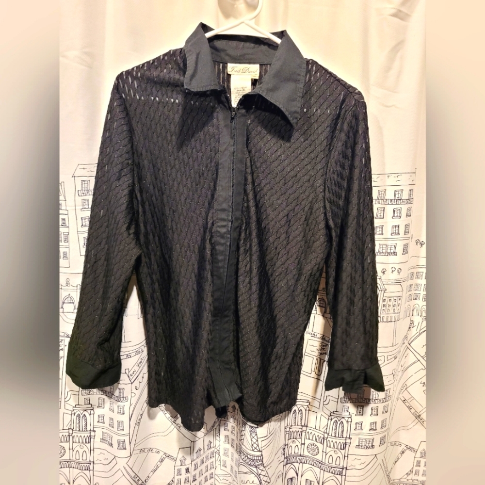 EUC Sheer Vintage Fred David Zip Up Blouse Size XL